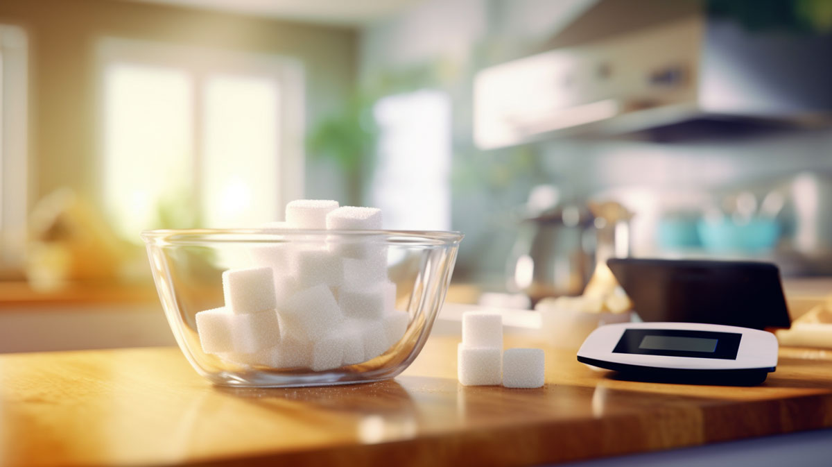 sugar in a glass bowl with electronic scale on a kitchen table
