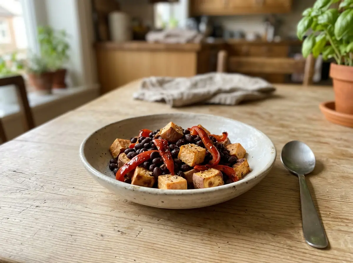 Sweet potato and black bean breakfast hash with roasted red peppers