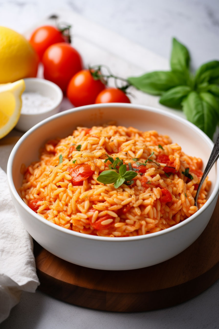 tomato orzo served in a white bowl with ingredients behind