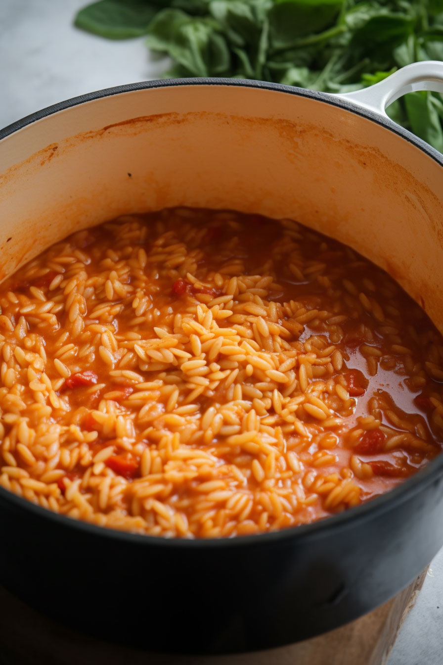 tomato orzo in a pot before serving