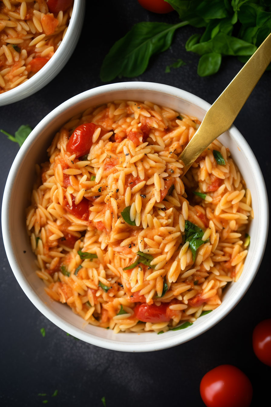 Tomato orzo served in a bowl top view