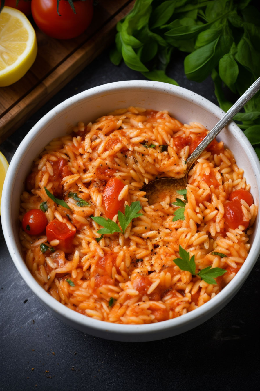 Tomato orzo served in a bowl top view