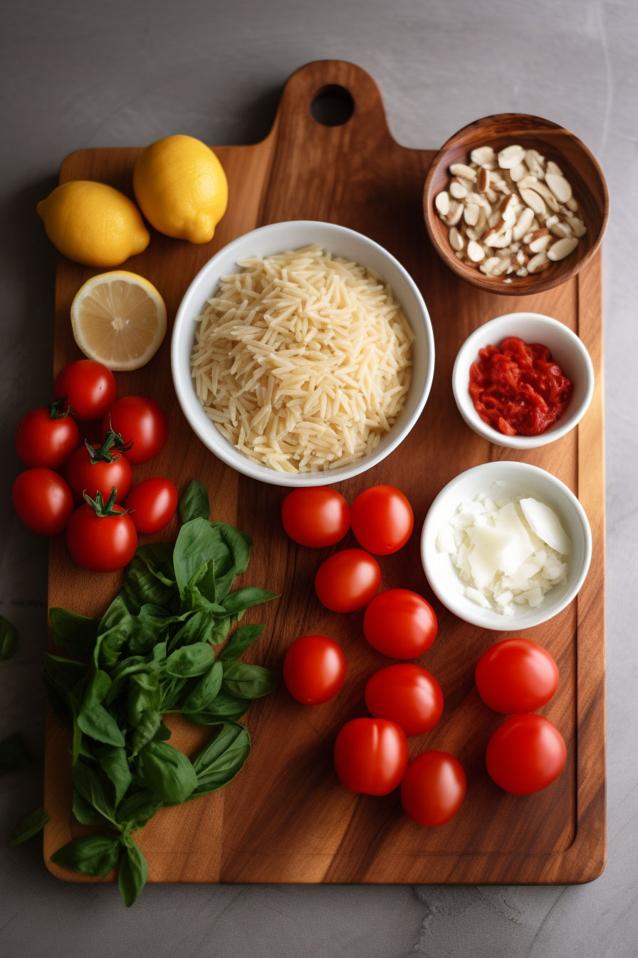 Tomato orzo ingredients laid out on a wooden cutting board