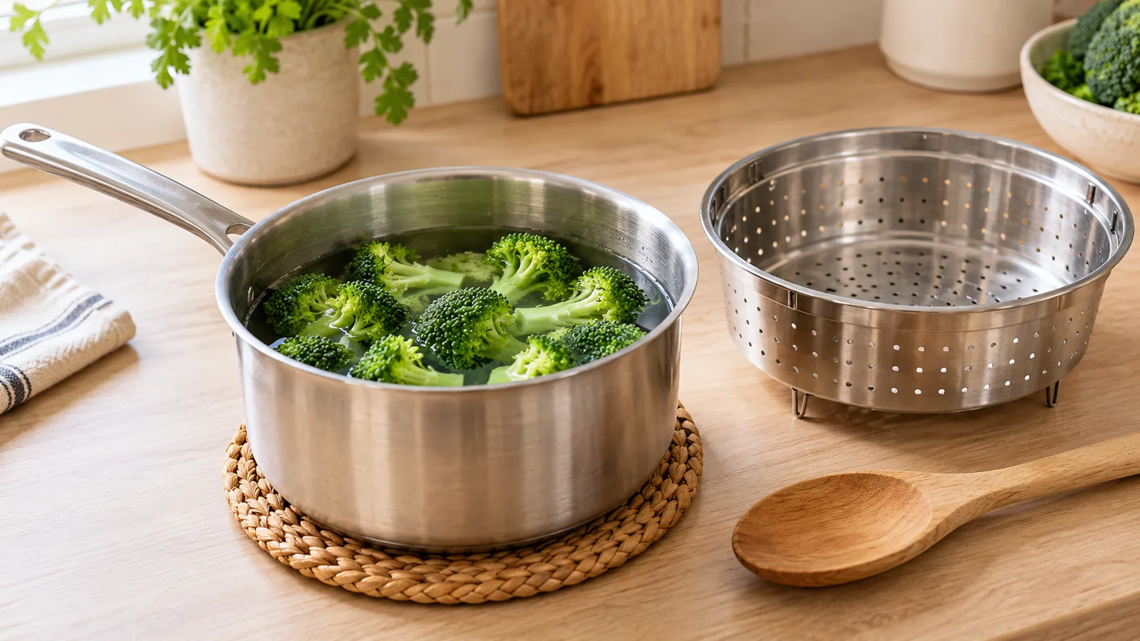 Broccoli in a saucepan of water beside an empty perforated steamer insert