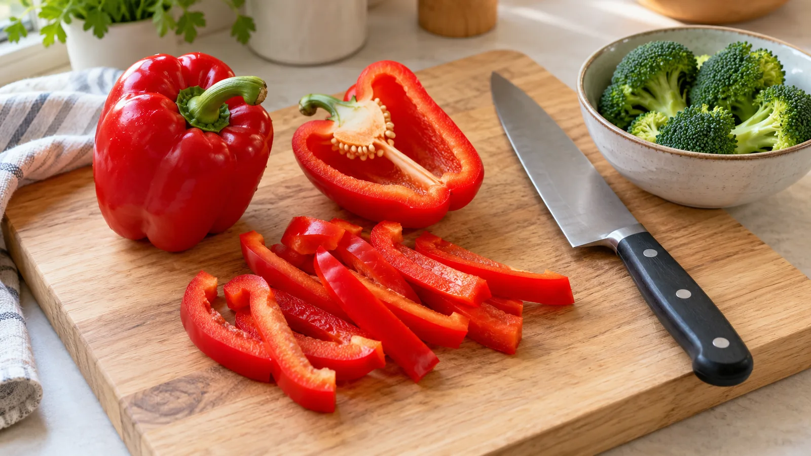 Whole and sliced red bell pepper on a chopping board beside broccoli florets