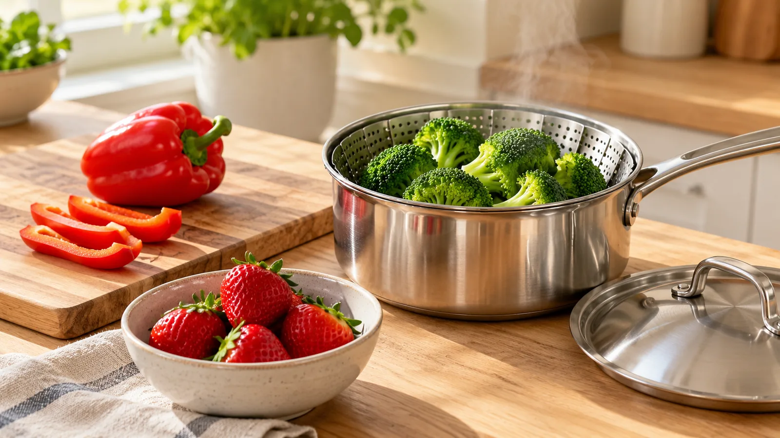 Broccoli in a steamer basket beside fresh red pepper and strawberries on a kitchen counter