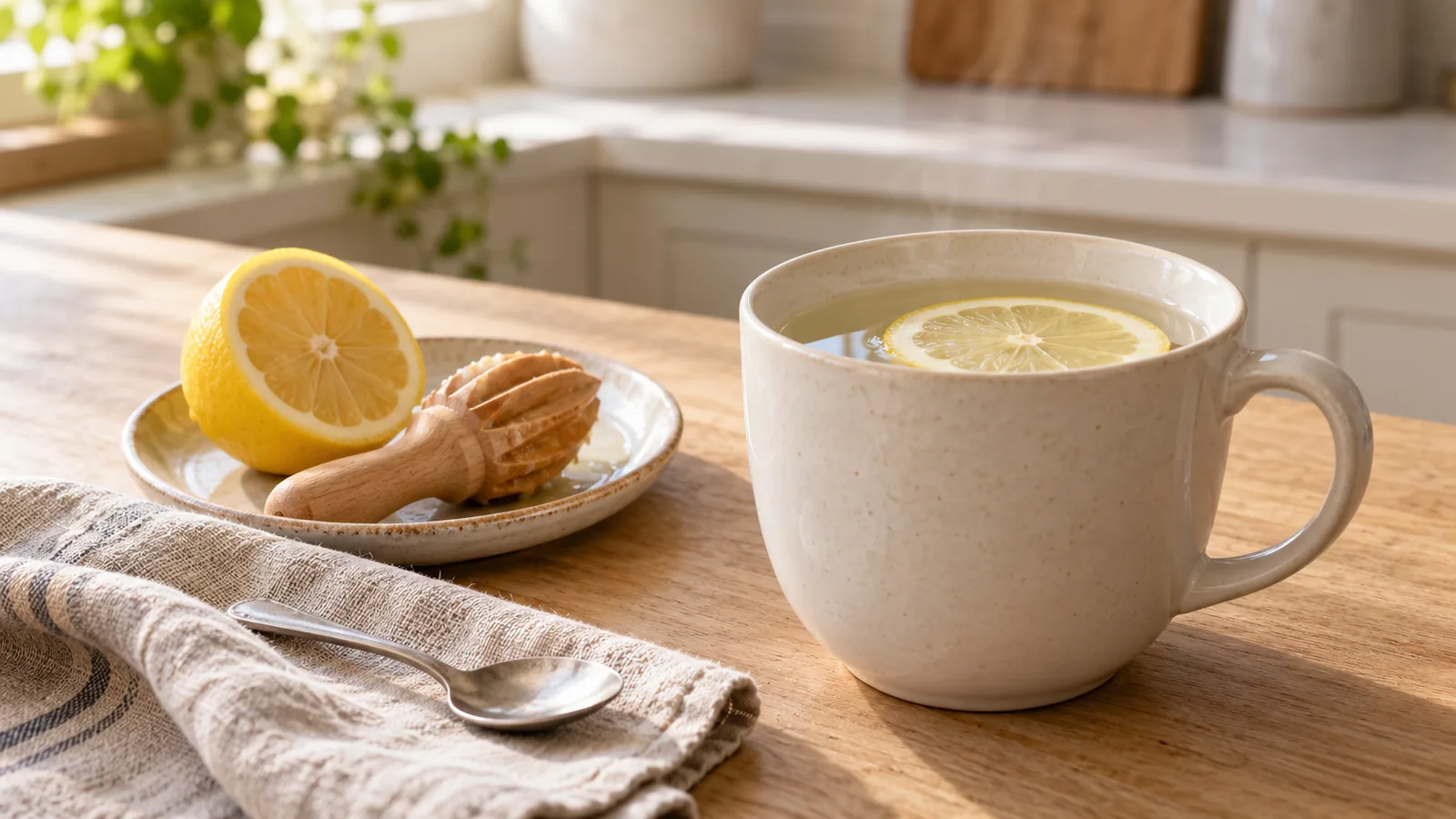 Ceramic mug of warm water with a lemon slice beside a lemon half and citrus reamer