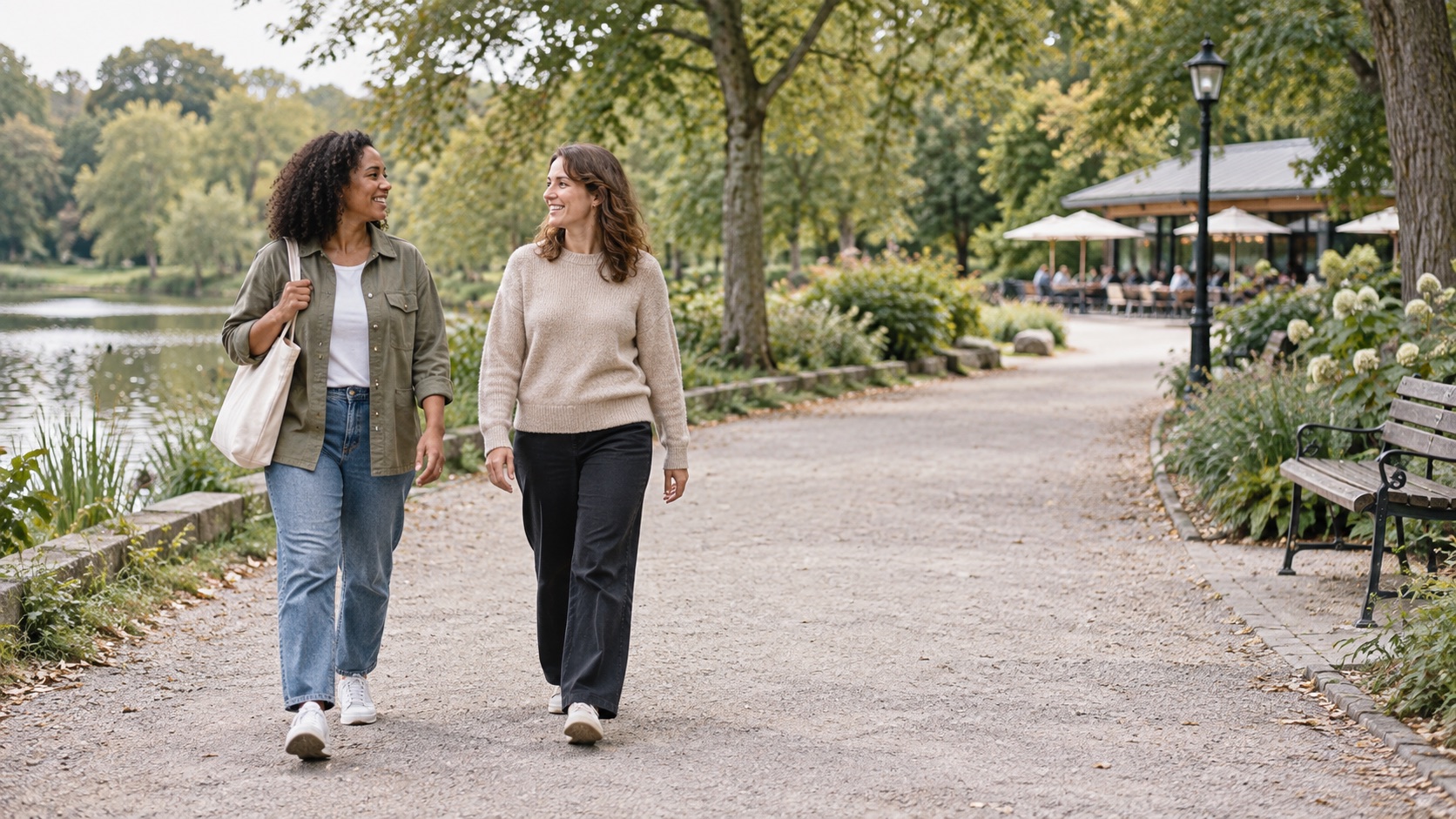 Two friends taking an easy walk together on a level park path after lunch