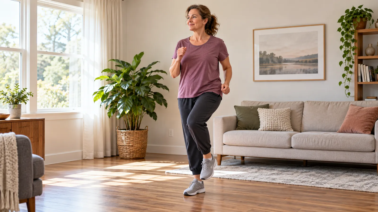 Woman in a loose burgundy shirt and navy pants walking in place in a bright living room beside a sofa