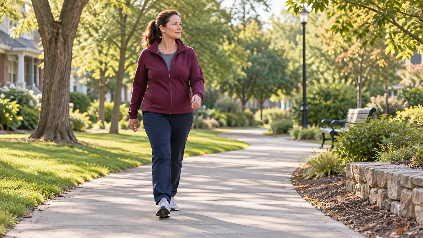 Woman in a burgundy jacket and navy pants walking along a level tree-lined neighborhood path