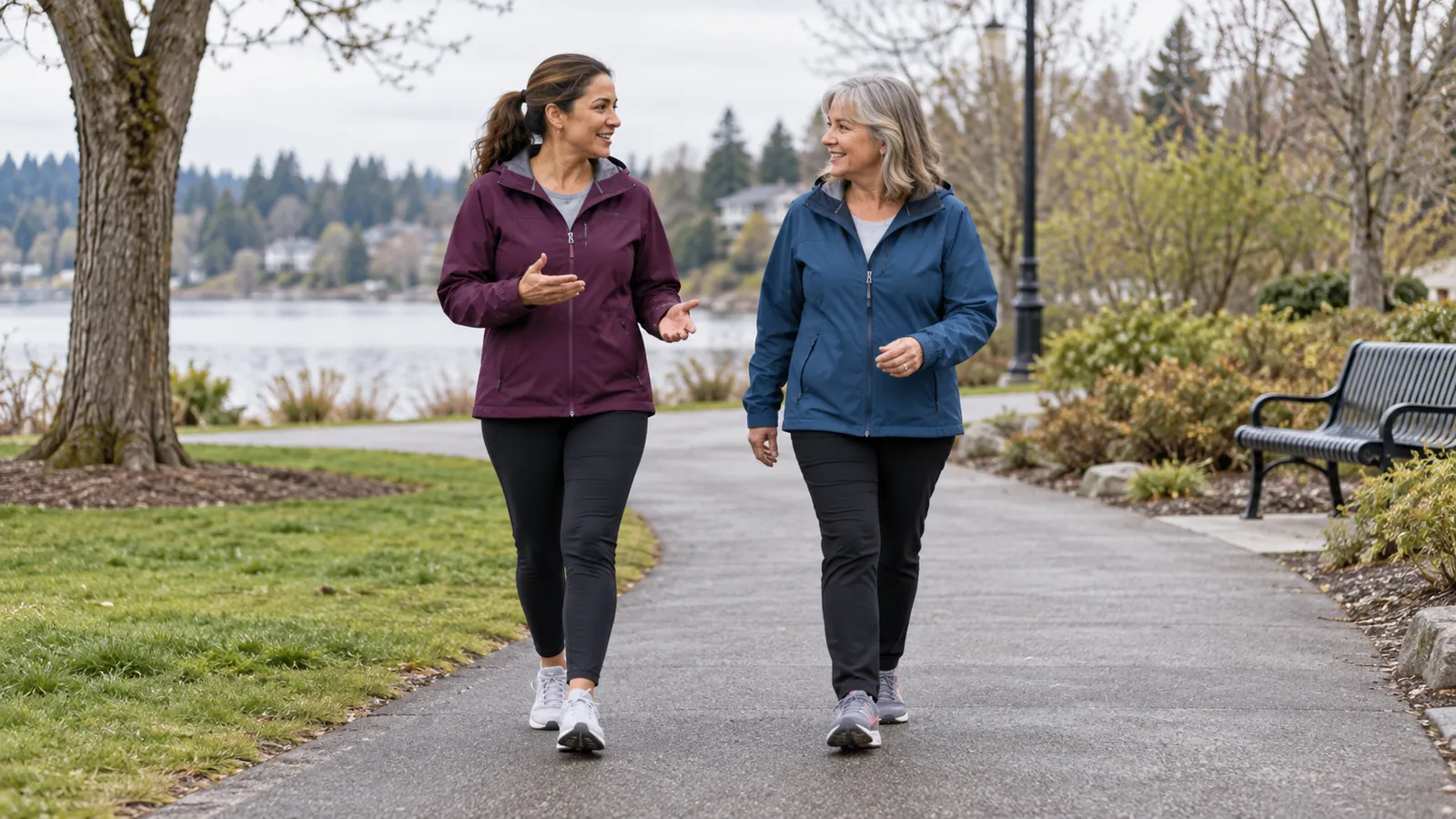 Two women in walking jackets talking while walking side by side along a level park path