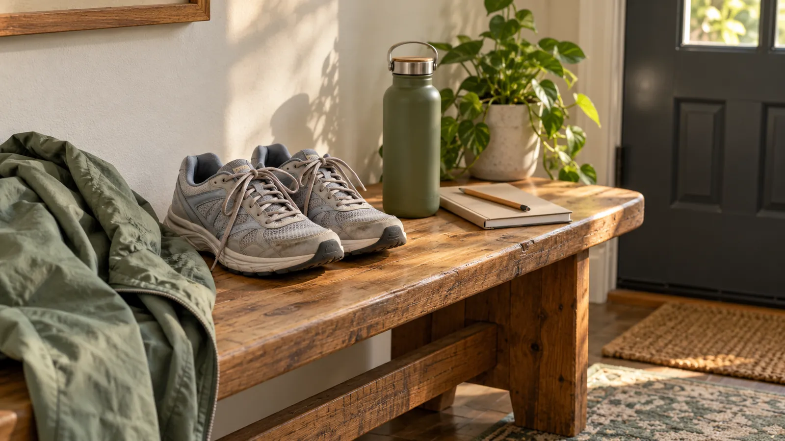 Walking sneakers, a water bottle, a closed notebook and pencil ready on a wooden bench by the front door