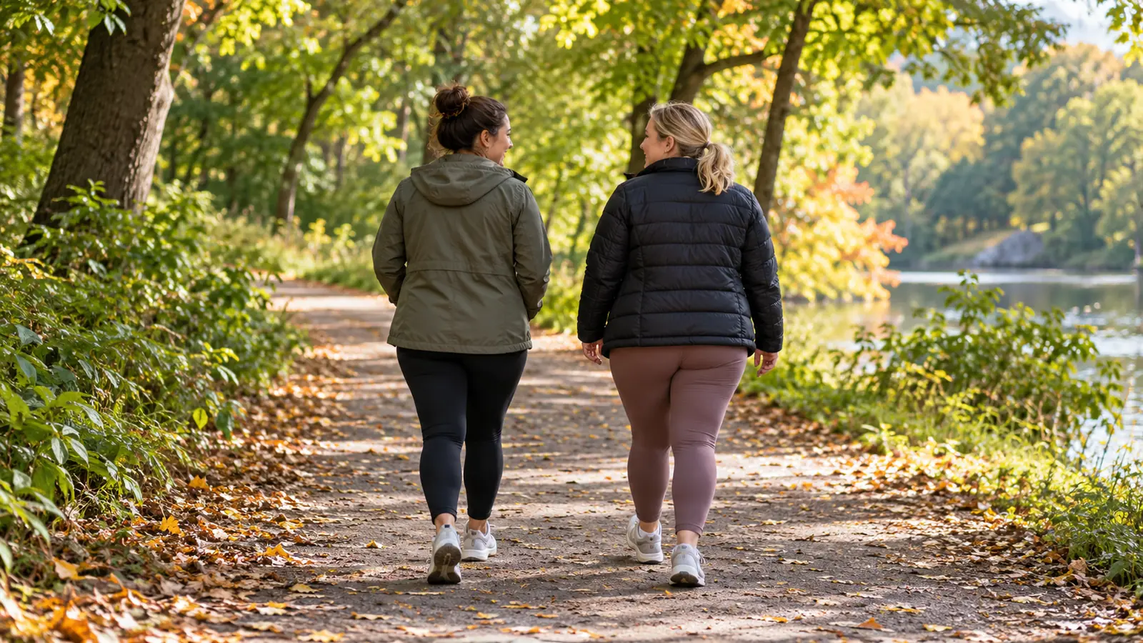 Two adults in comfortable jackets walking together along a leafy park path