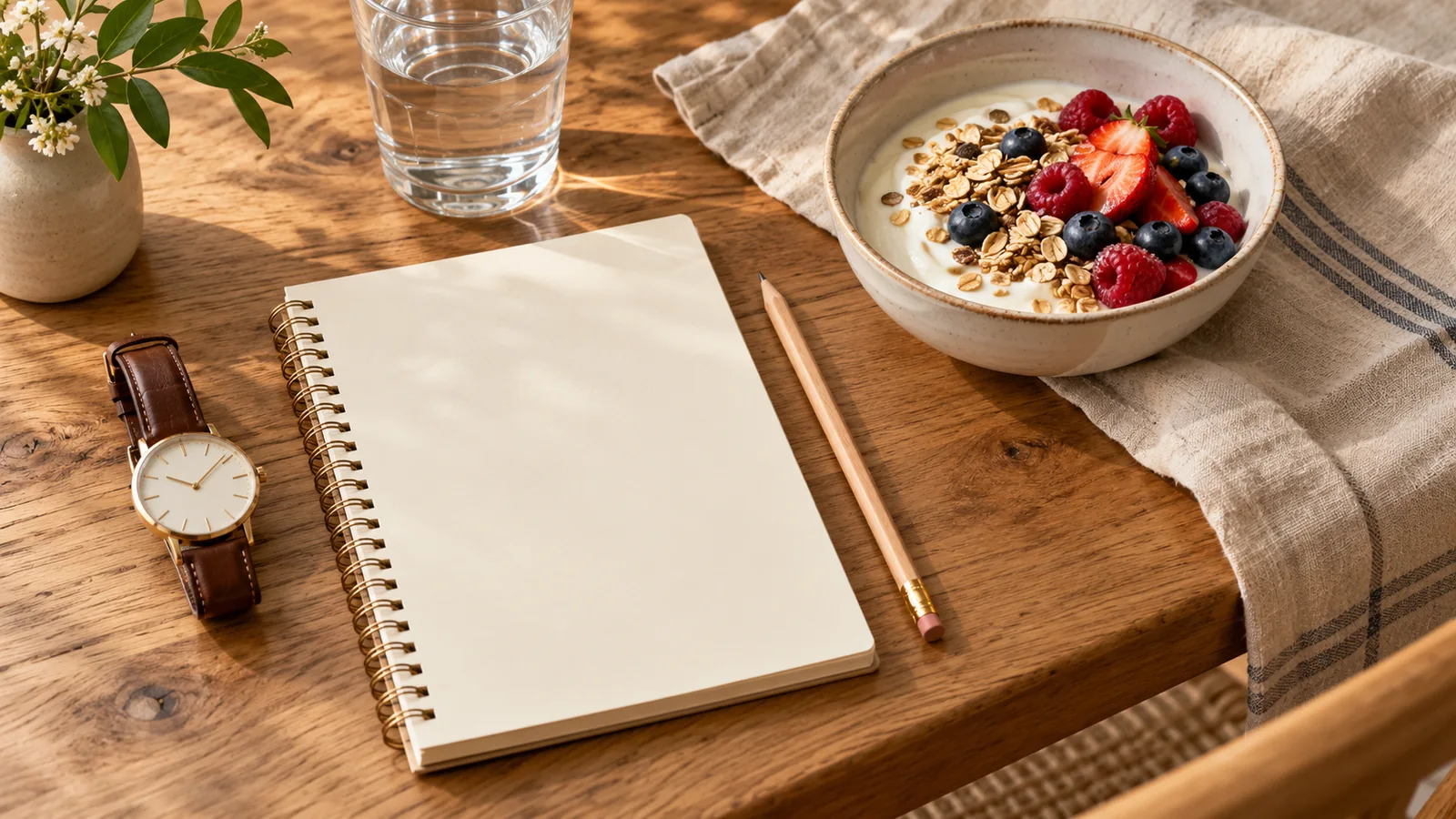 Blank notebook and pencil beside yogurt with berries, a glass of water and a wristwatch