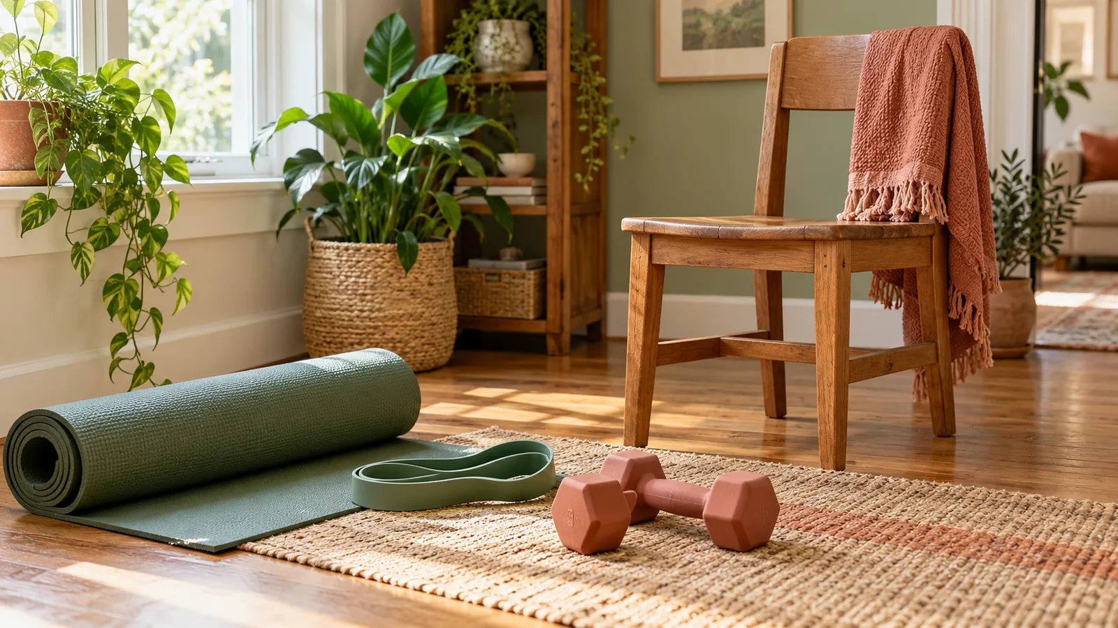 Hand weights, a looped resistance band and a rolled exercise mat beside a wooden chair at home