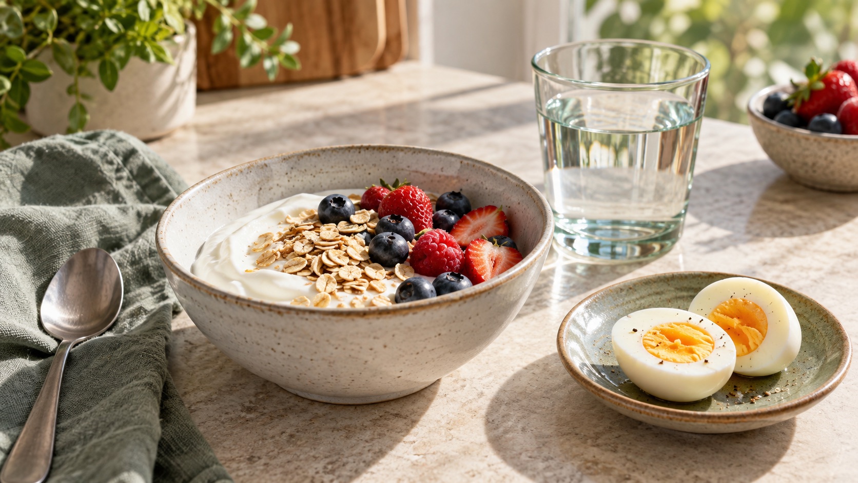 Small breakfast of plain yogurt with berries and oats, a boiled egg and water