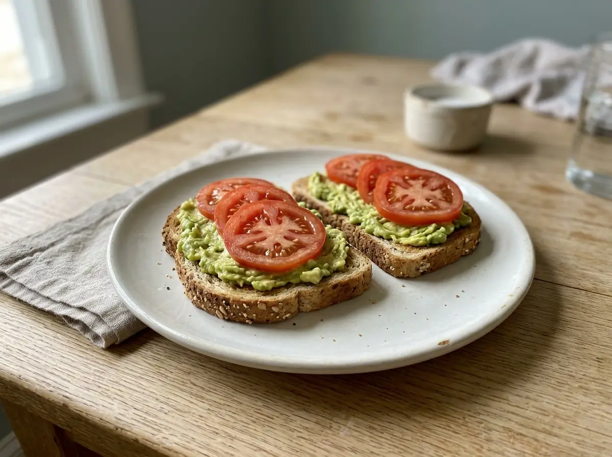 Whole-grain avocado toast topped with sliced tomatoes