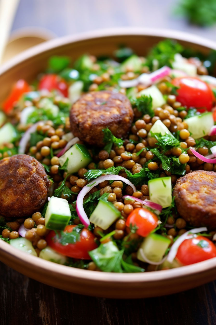 Vegan Lentil salad with falafel Vegan Lentil salad with falafel served in a bowl view from the top