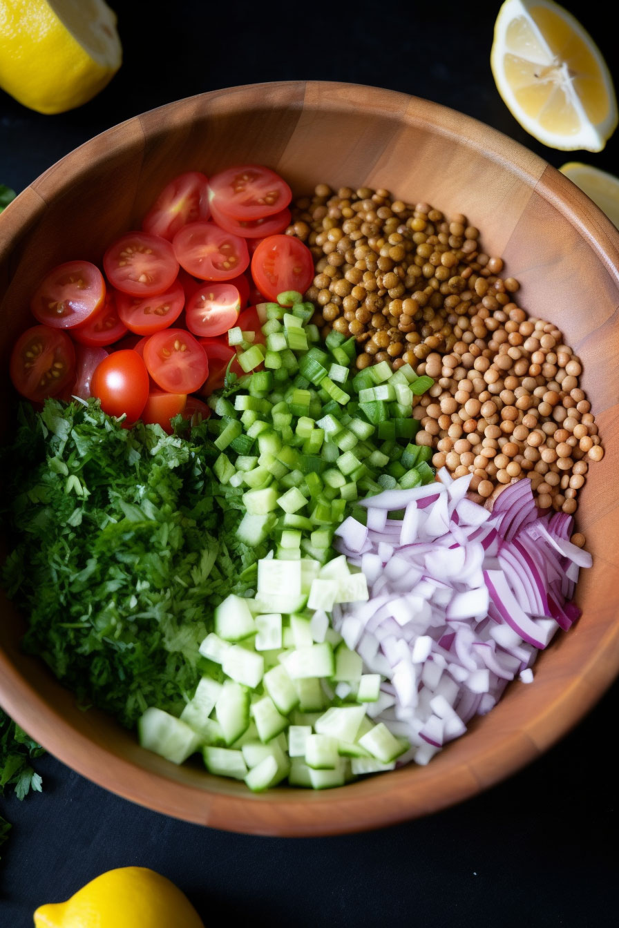 Vegan Lemon Lentil Salad Vegan Lemon Lentil Salad served in a bowl top view