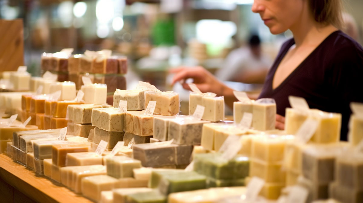 eco market scene with stalls showcasing variety of eco-friendly soap