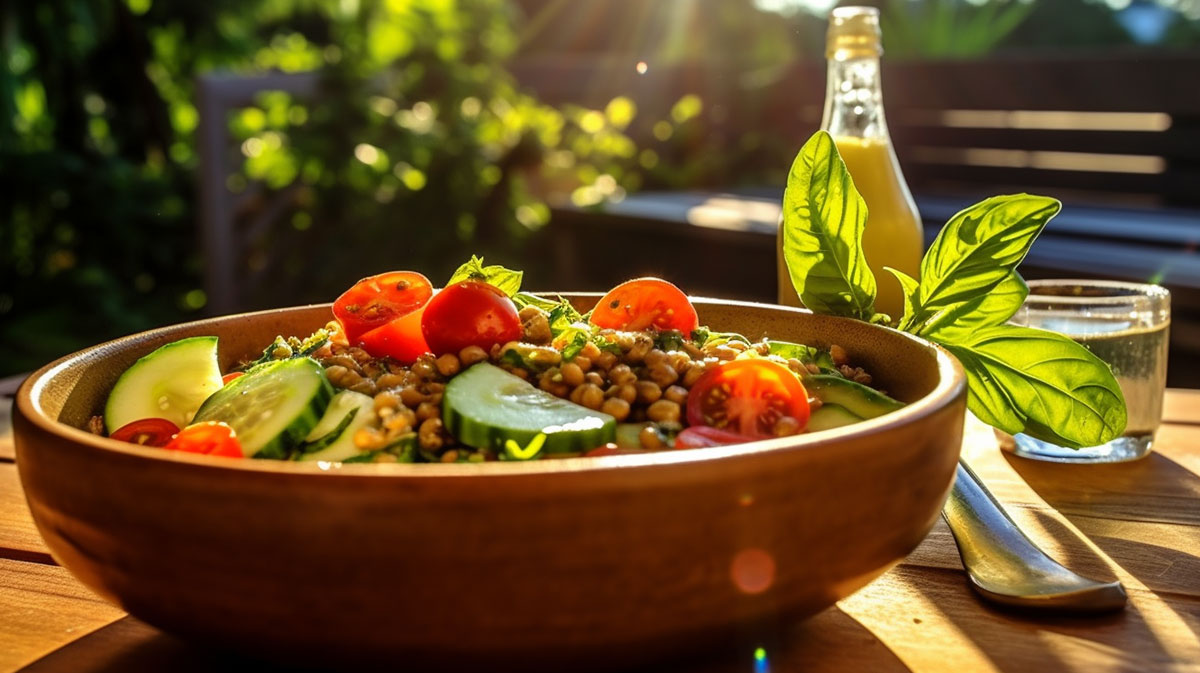 vegetarian salad with lentil on the table outside